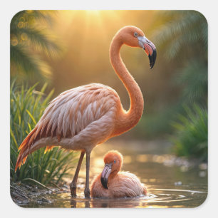 Flamingo moeder en kuiken vierkante sticker