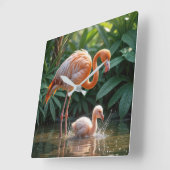 Flamingo Moeder Met Jong Vierkante Klok (Hoek)