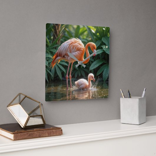 Flamingo Moeder Met Jong Vierkante Klok (Kantoor)
