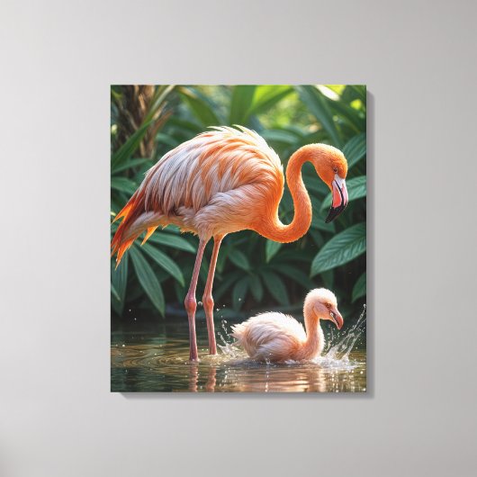 Flamingo moeder met kuiken canvas afdruk (Voorkant)