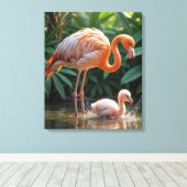 Flamingo moeder met kuiken canvas afdruk (Insitu (Houten vloer))