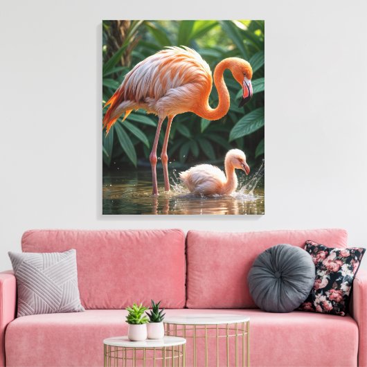 Flamingo moeder met kuiken canvas afdruk (Insitu (Woonkamer))