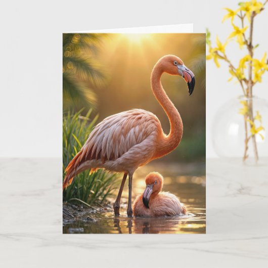 Flamingo moeder met kuiken kaart (Gele Bloem)
