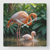 Flamingo moeder met kuiken vierkante klok (Voorkant)