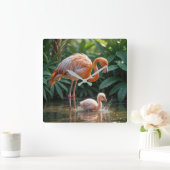 Flamingo moeder met kuiken vierkante klok (Huis)