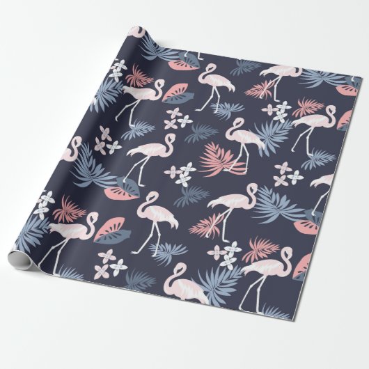 Flamingo, monstera Navy blush roze dusty blue Cadeaupapier (Uitgerold)