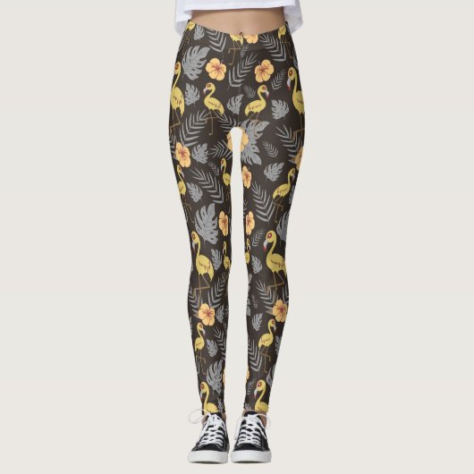 Flamingo naadloos met bloemen en bladeren leggings (Voorkant)