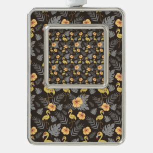 Flamingo naadloos met bloemen en bladeren verzilverd omlijst ornament