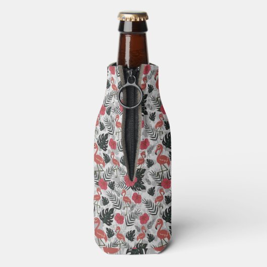 Flamingo naadloos patroon met florale achtergrond flesjeskoeler (Fles Achterkant)