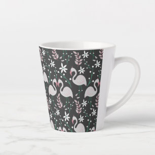 Flamingo naadloos patroonwit op donkere achtergron latte mok