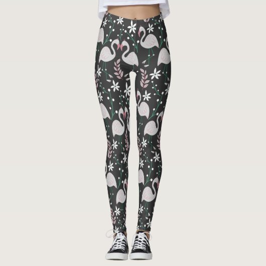 Flamingo naadloos patroonwit op donkere achtergron leggings (Voorkant)