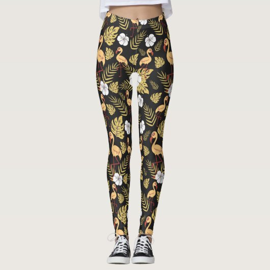 Flamingo naadloze gele en witte bloemen leggings (Voorkant)