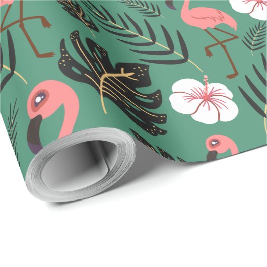 Flamingo naadloze patroonroze op groene achtergron cadeaupapier (Rol Hoek)