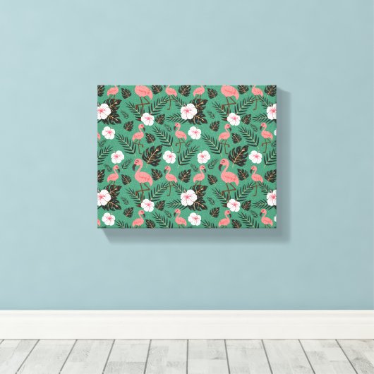 Flamingo naadloze patroonroze op groene achtergron canvas afdruk (Insitu (Houten vloer))