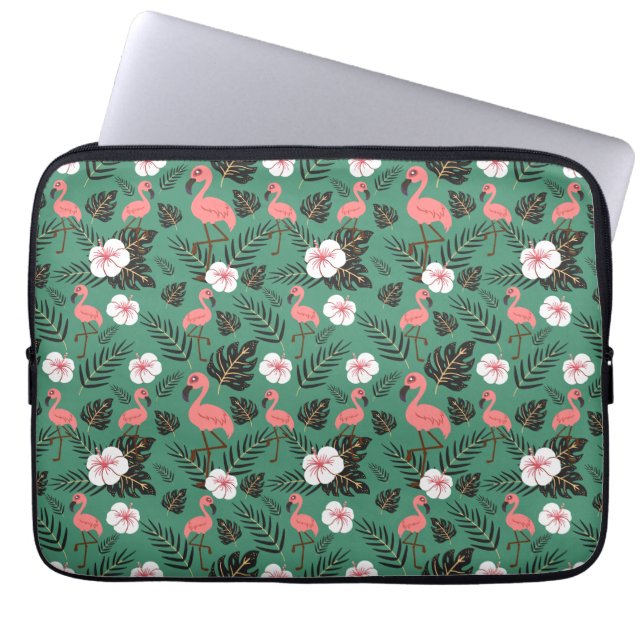 Flamingo naadloze patroonroze op groene achtergron laptop sleeve (Voorkant)