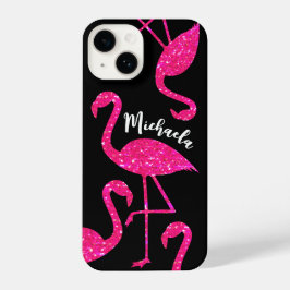 Flamingo neon roze glitter sparkles Personaliseren iPhone 14 Hoesje