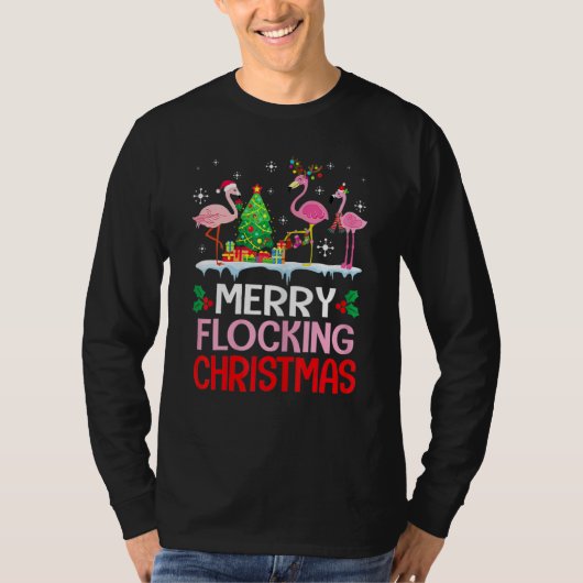 Flamingo Noel Hats Dancing On Snow Merry Flocking  T-shirt (Voorkant)
