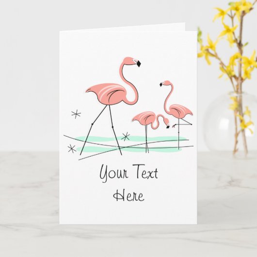 Flamingo Ocean Trio 2 front text greetcard Kaart (Gele Bloem)