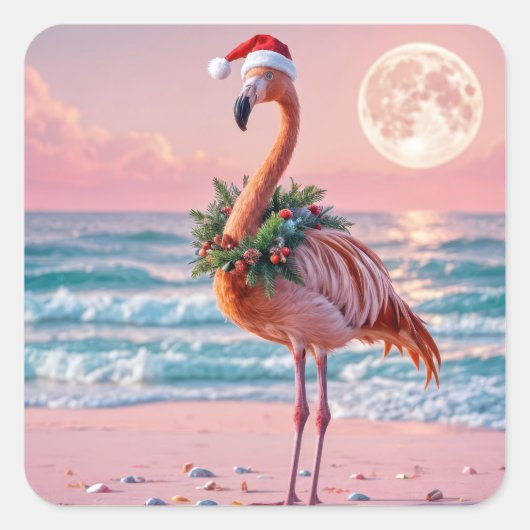 Flamingo op een roze strand vierkante sticker (Voorkant)