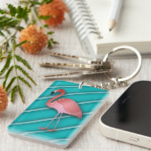 Flamingo op gepersonaliseerde turquoise Stripes Sleutelhanger (Voorkant Rechts)