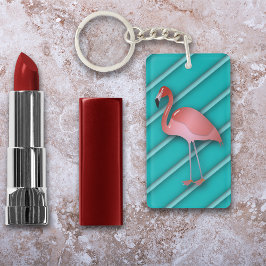 Flamingo op gepersonaliseerde turquoise Stripes Sleutelhanger