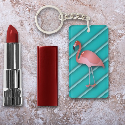 Flamingo op gepersonaliseerde turquoise Stripes Sleutelhanger