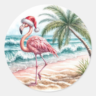 Flamingo op het strand ronde sticker