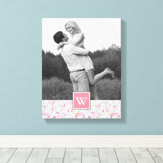 Flamingo op pokadots | Foto met monogram Canvas Afdruk (Insitu (Houten vloer))