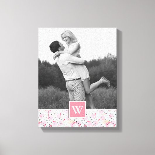 Flamingo op pokadots | Foto met monogram Canvas Afdruk (Voorkant)