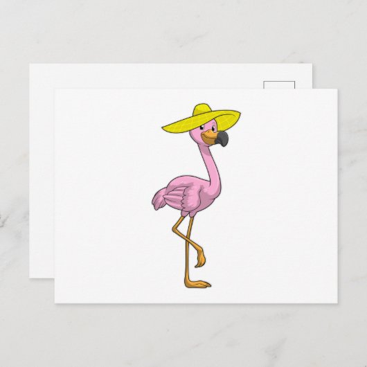 Flamingo op strand met hoed briefkaart (Voorkant / Achterkant)