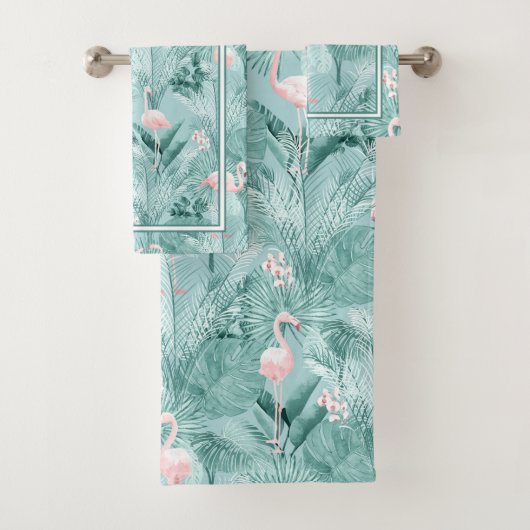 Flamingo Orchid Tropical Pattern Blauwgroen ID868  Bad Handdoek (Insitu)