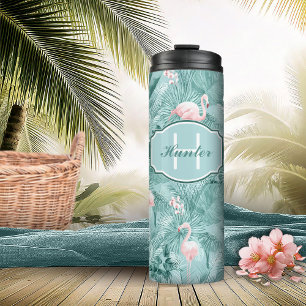 Flamingo Orchid Tropical Pattern Blauwgroen ID868 Thermosbeker