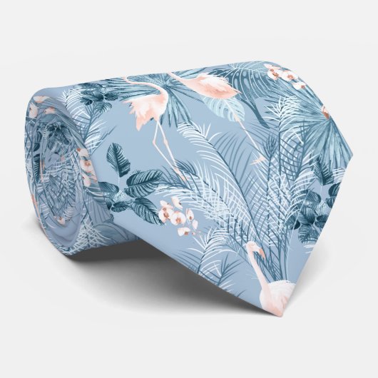 Flamingo Orchid Tropical Pattern Blue ID868 Stropdas (Opgerold)