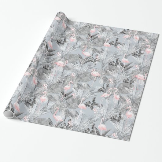 Flamingo Orchid Tropical Pattern Grey ID868 Cadeaupapier (Uitgerold)