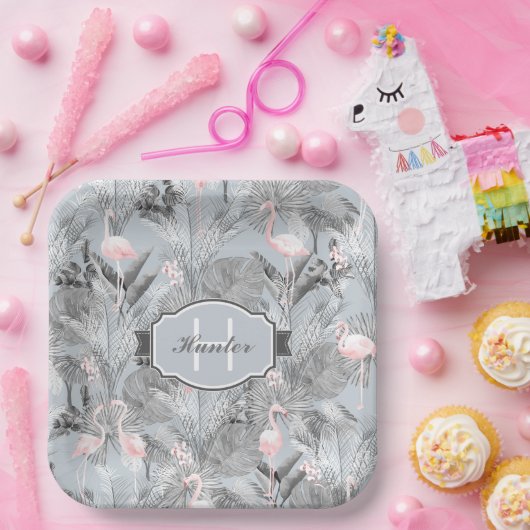 Flamingo Orchid Tropical Pattern Grey ID868 Papieren Bordje (Feest)