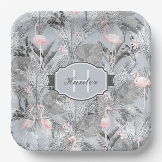 Flamingo Orchid Tropical Pattern Grey ID868 Papieren Bordje (Voorkant)
