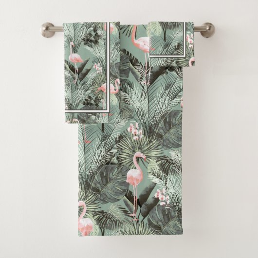 Flamingo Orchid Tropical Pattern Sage ID868 Bad Handdoek (Insitu)