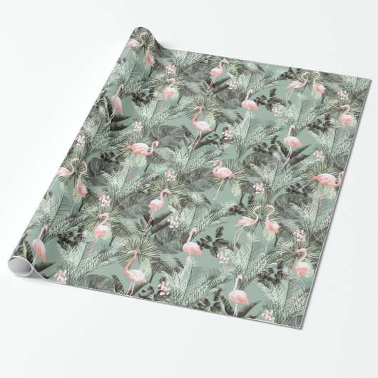 Flamingo Orchid Tropical Pattern Sage ID868 Cadeaupapier (Uitgerold)