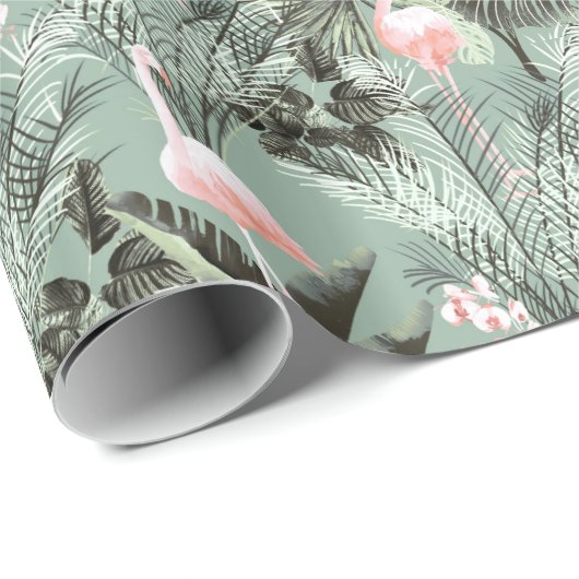 Flamingo Orchid Tropical Pattern Sage ID868 Cadeaupapier (Rol Hoek)