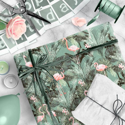Flamingo Orchid Tropical Pattern Sage ID868 Cadeaupapier