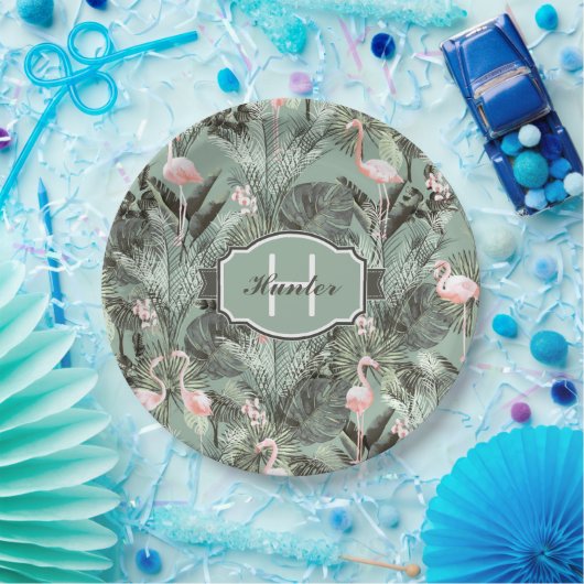 Flamingo Orchid Tropical Pattern Sage ID868 Papieren Bordje (Feest)