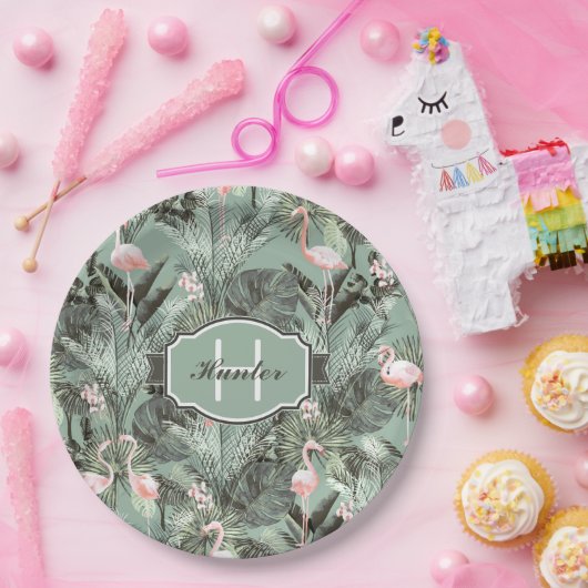 Flamingo Orchid Tropical Pattern Sage ID868 Papieren Bordje (Feest)