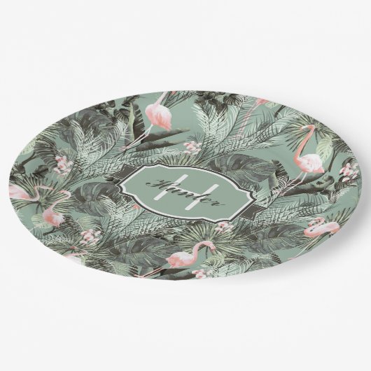 Flamingo Orchid Tropical Pattern Sage ID868 Papieren Bordje (Gekanteld)