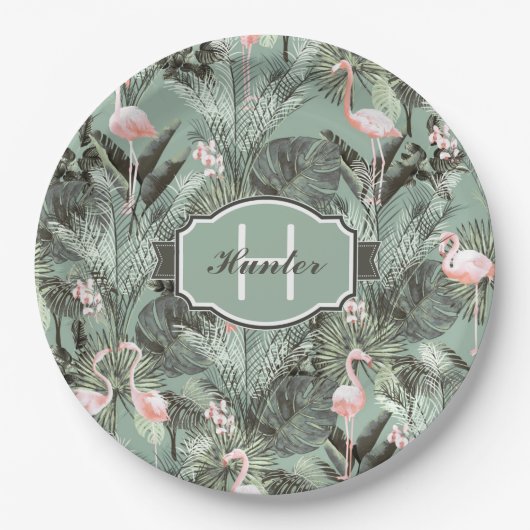 Flamingo Orchid Tropical Pattern Sage ID868 Papieren Bordje (Voorkant)
