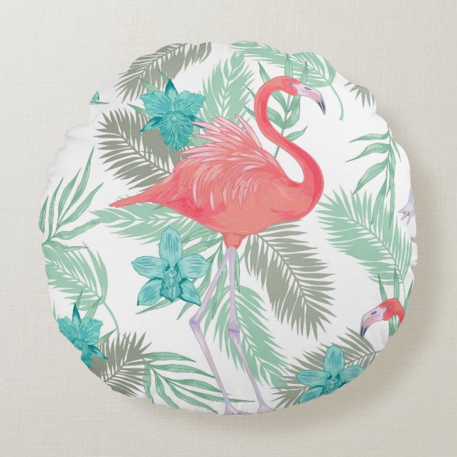 Flamingo, orchidee: romantisch  patroon. rond kussen (Voorkant)