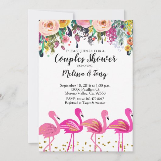 Flamingo paar Douche Uitnodiging Bloemen (Voorkant)
