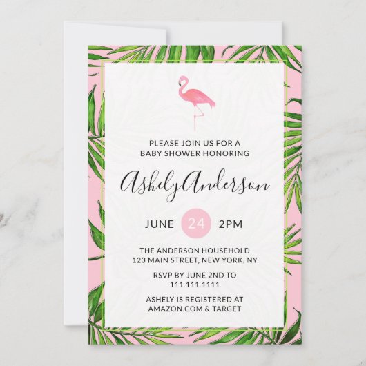 Flamingo Palm Leaves Baby shower Invitation Kaart (Voorkant)