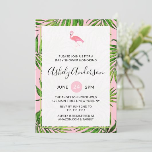 Flamingo Palm Leaves Baby shower Invitation Kaart (Staand voorkant)