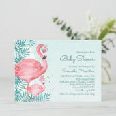 Flamingo & Palm Leaves Blauwgroen Waterverf Baby s Kaart (Staand voorkant)
