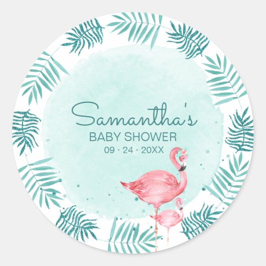 Flamingo & Palm Leaves Blauwgroen Waterverf Baby s Ronde Sticker (Voorkant)